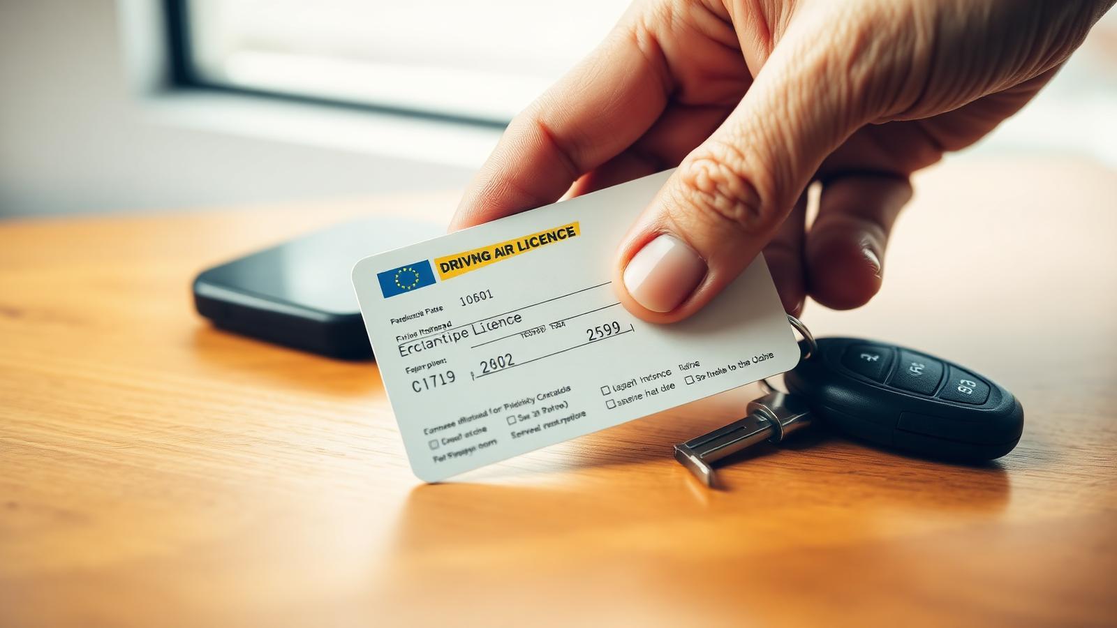 Hand holding a European driving licence card next to car keys